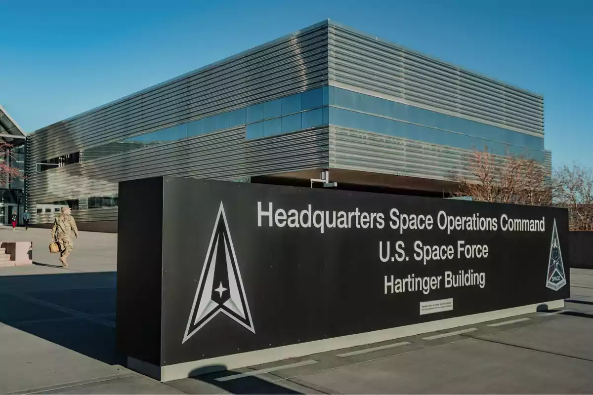 Modern United States Space Force building with a large sign in front indicating that it is the headquarters of the Space Operations Command Modern United States Space Force building with a large sign in front indicating that it is the headquarters of the Space Operations Command