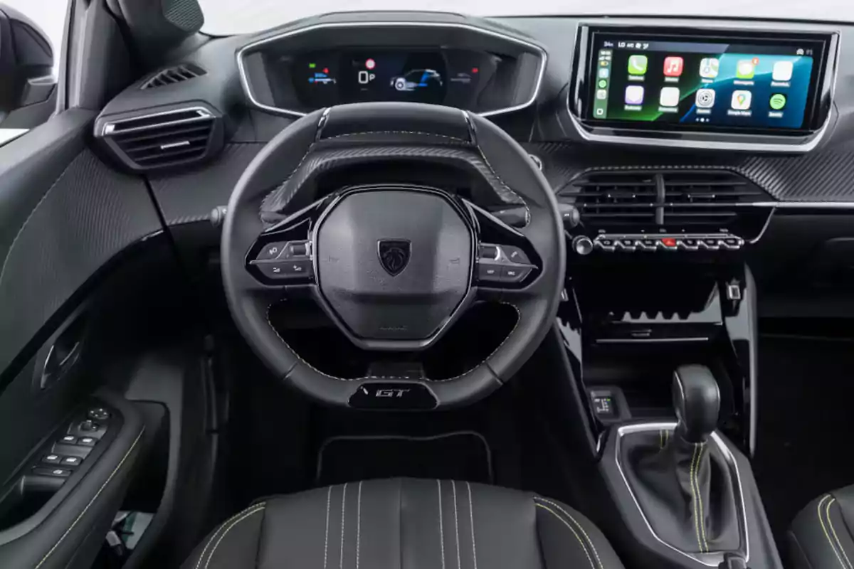 Modern car interior with multifunction steering wheel, digital dashboard, and central touchscreen with connected apps Modern car interior with multifunction steering wheel, digital dashboard, and central touchscreen with connected apps