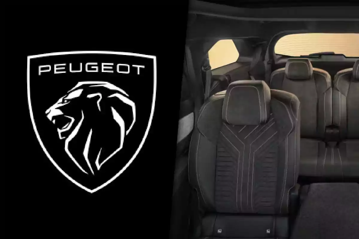 Peugeot logo next to the image of a car’s rear seats