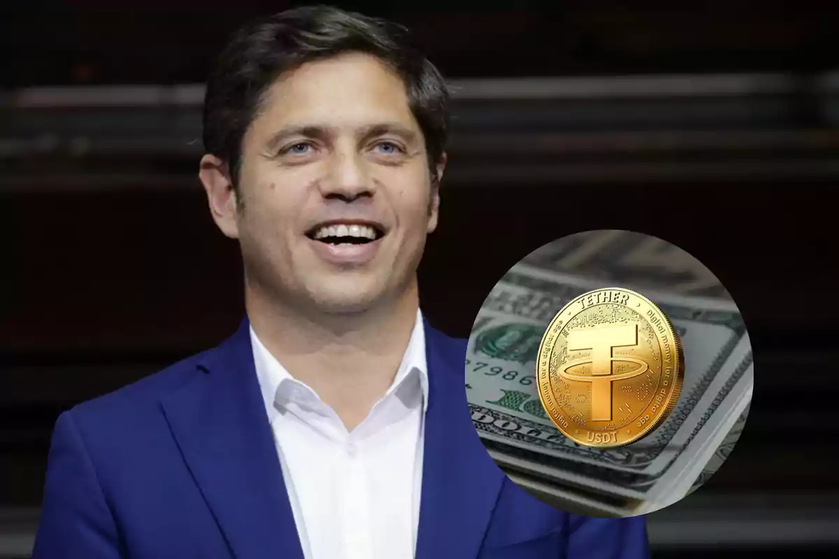 Short-haired man in a blue blazer smiling, with a graphic of a golden Tether coin over dollar bills in the bottom right corner