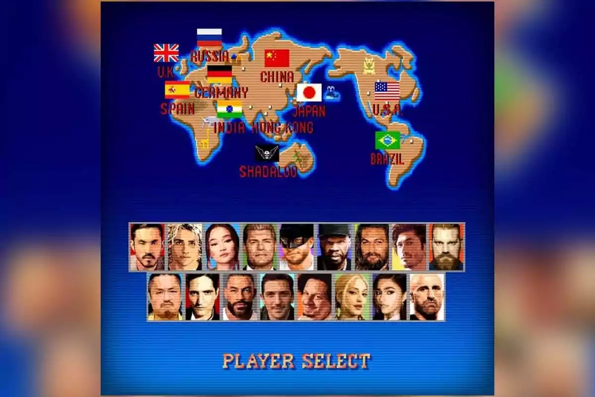 Pantalla de selección de personajes inspirada en videojuegos clásicos de lucha con un mapa del mundo y retratos de personas reales en la parte inferior Pantalla de selección de personajes inspirada en videojuegos clásicos de lucha con un mapa del mundo y retratos de personas reales en la parte inferior