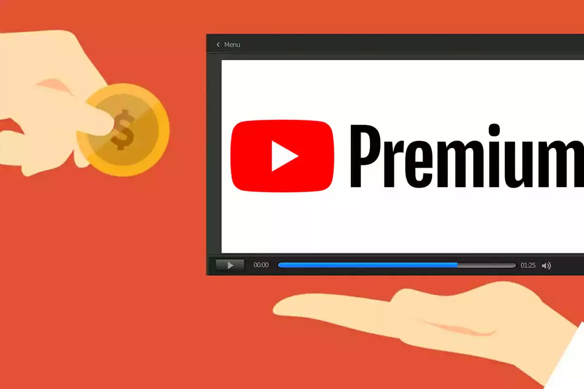 Una mano sostiene una moneda mientras otra mano sostiene una pantalla con el logo de YouTube Premium sobre un fondo naranja Una mano sostiene una moneda mientras otra mano sostiene una pantalla con el logo de YouTube Premium sobre un fondo naranja