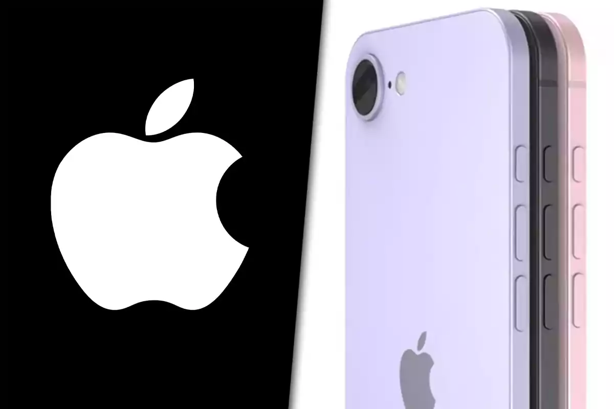 Logo de Apple en fondo negro junto a tres teléfonos inteligentes de colores pastel con el logotipo de la marca