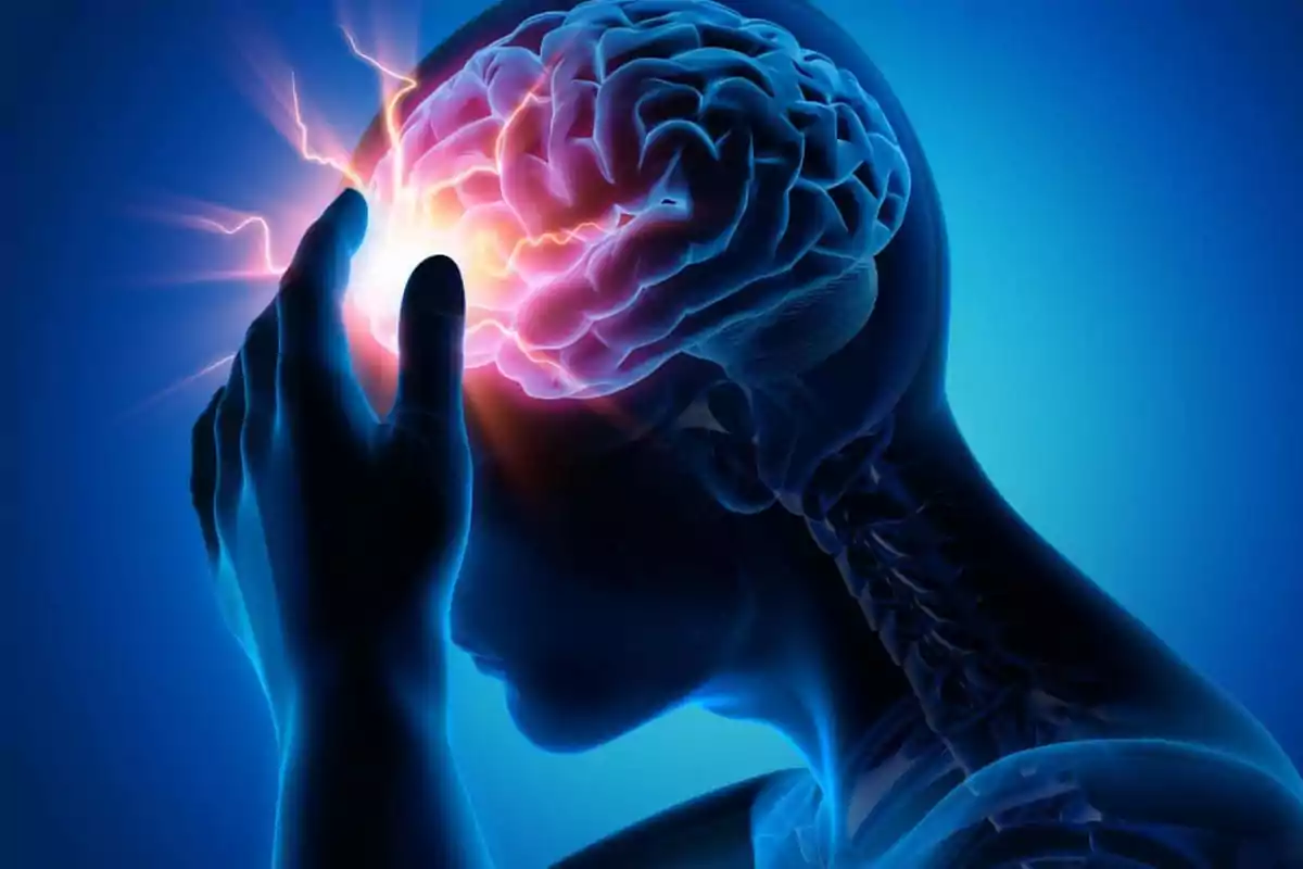 Illustration of a person with a headache and the brain highlighted with lights simulating pain or intense activity Illustration of a person with a headache and the brain highlighted with lights simulating pain or intense activity