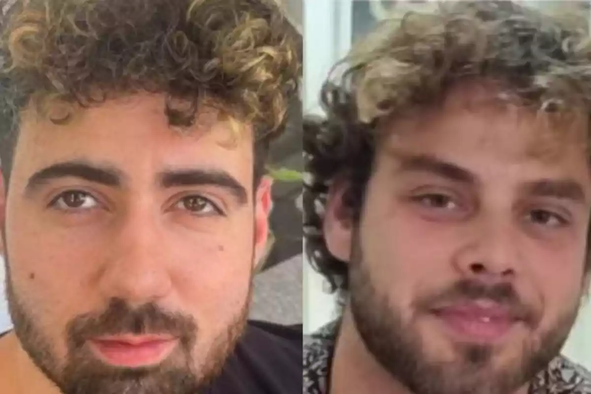 Dos hombres jóvenes con barba y cabello rizado posan para la cámara en una imagen dividida en dos partes