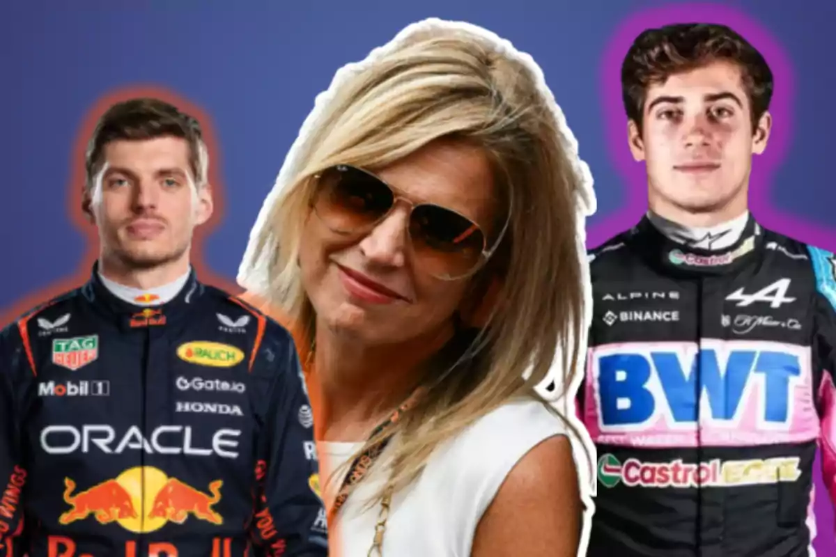 Three people posing in front of a blue background, two of them wearing racing uniforms and a woman in the center wearing sunglasses and smiling.
