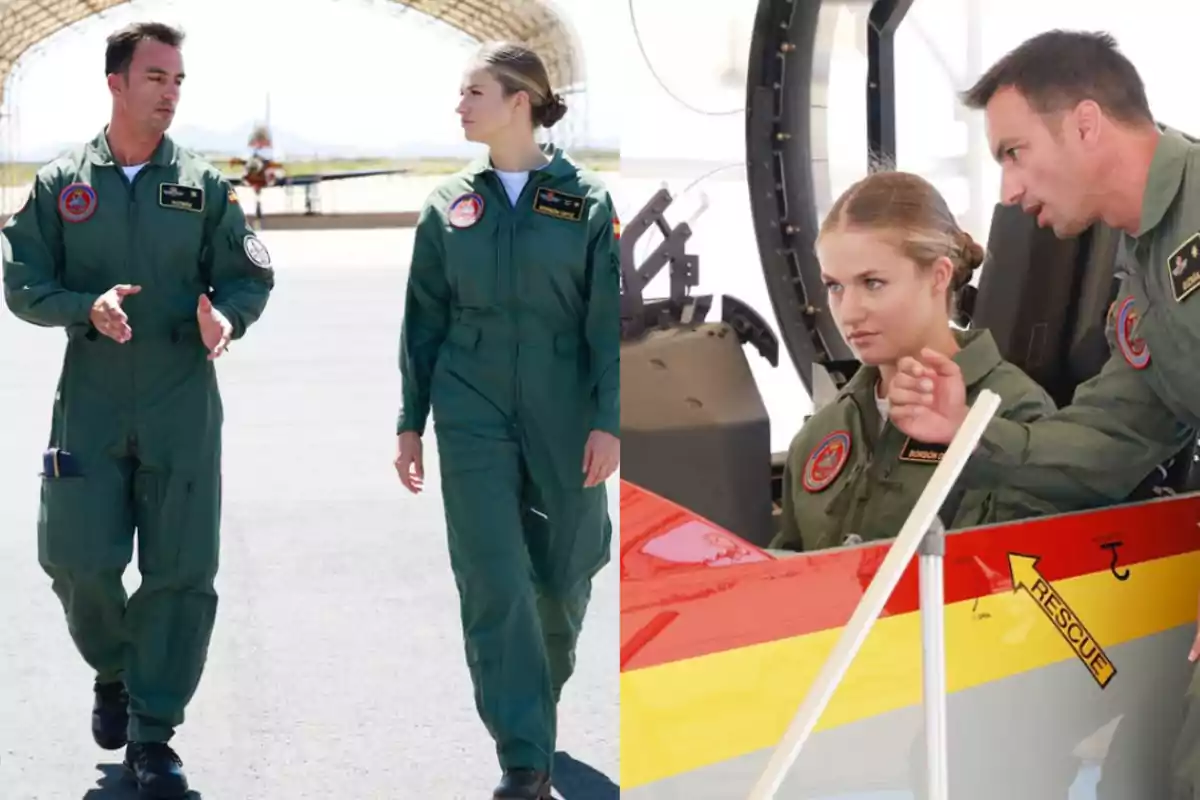Two people in pilot uniforms are talking while walking on a runway, and then the same people are seen inside an airplane cockpit where one of them appears to be receiving instructions. Two people in pilot uniforms are talking while walking on a runway, and then the same people are seen inside an airplane cockpit where one of them appears to be receiving instructions.