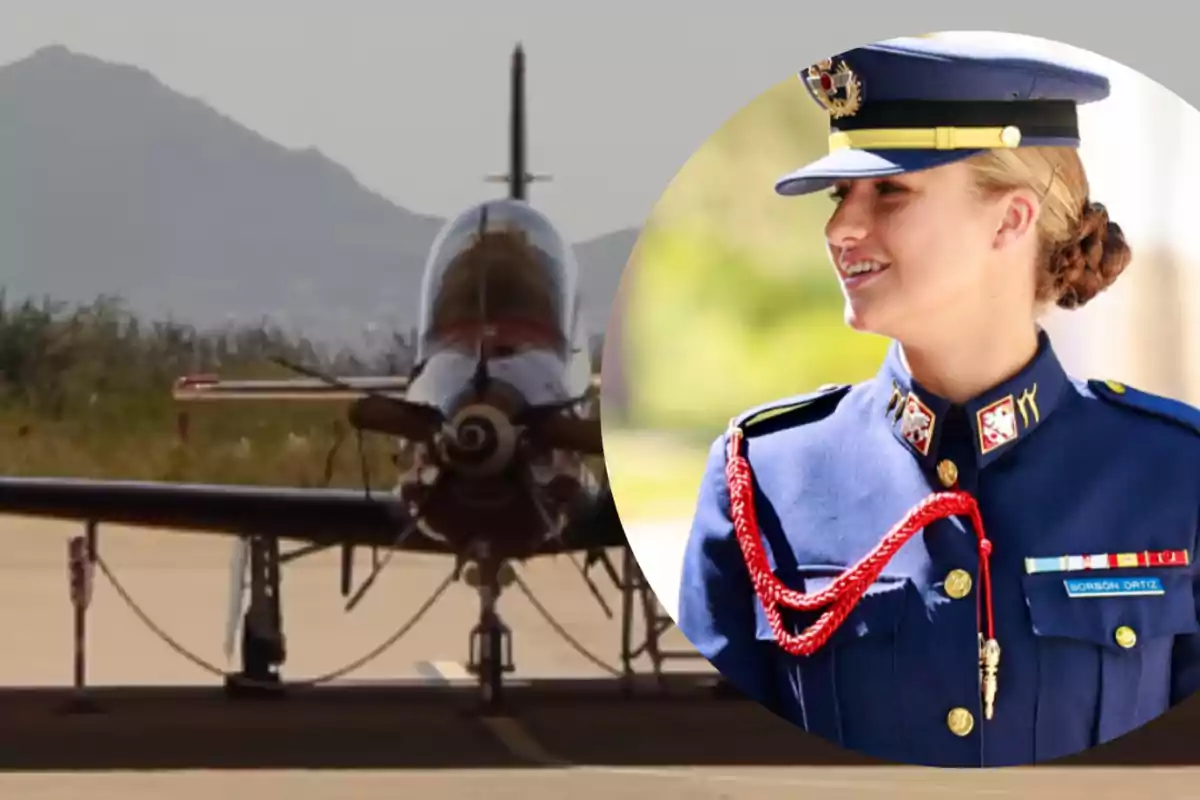 Military aircraft on the runway with mountains in the background and a young woman in a blue military uniform and cap smiling in a circular frame