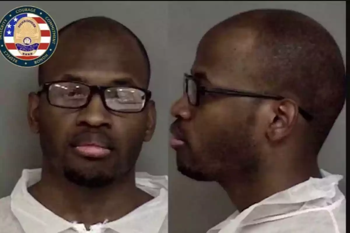 Mugshot photograph showing a man with glasses and a white coat seen from the front and in profile, with a police badge in the upper left corner. Mugshot photograph showing a man with glasses and a white coat seen from the front and in profile, with a police badge in the upper left corner.