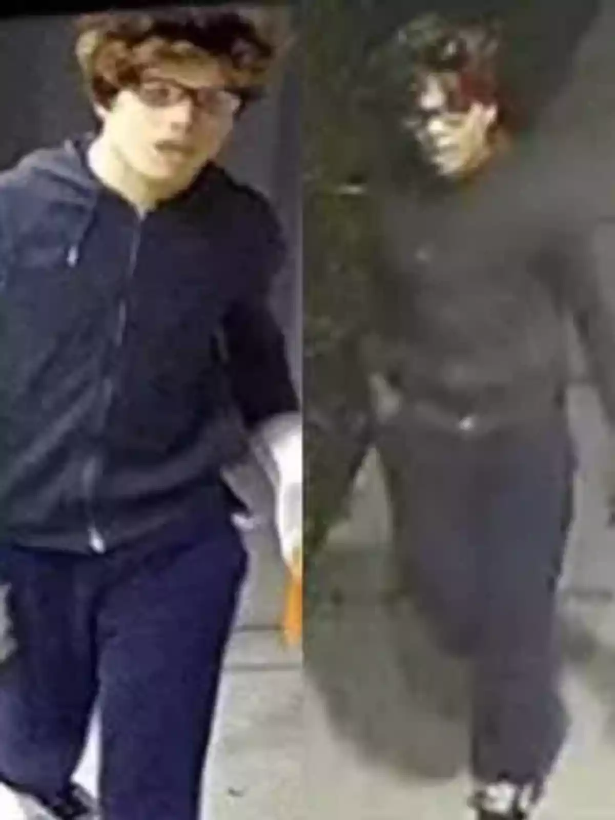 Two images show a young person with glasses, curly hair, and dark clothing walking in different places. Two images show a young person with glasses, curly hair, and dark clothing walking in different places.