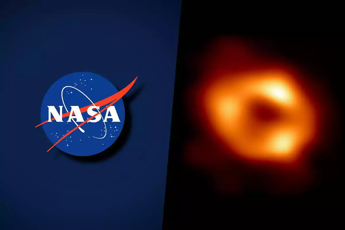 NASA logo next to a blurry image of a black hole on a dark background