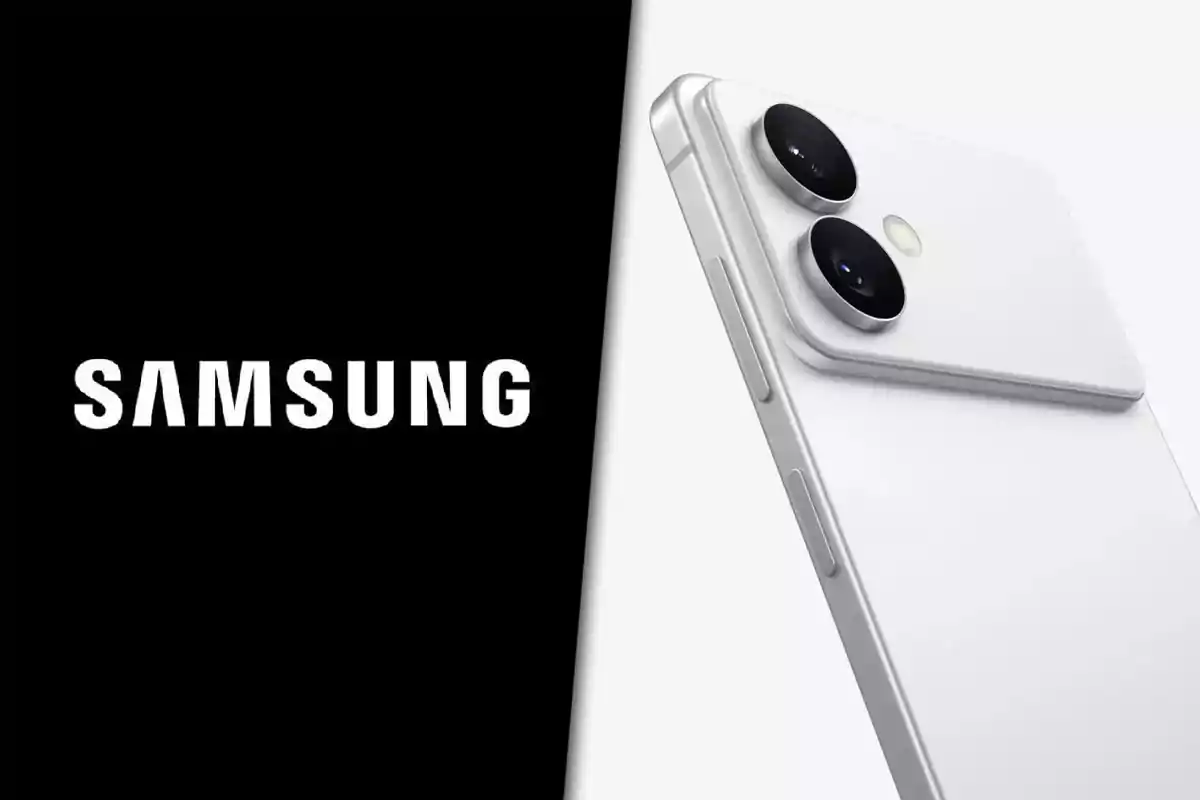White Samsung phone with dual rear camera next to the brand logo on a black and white split background