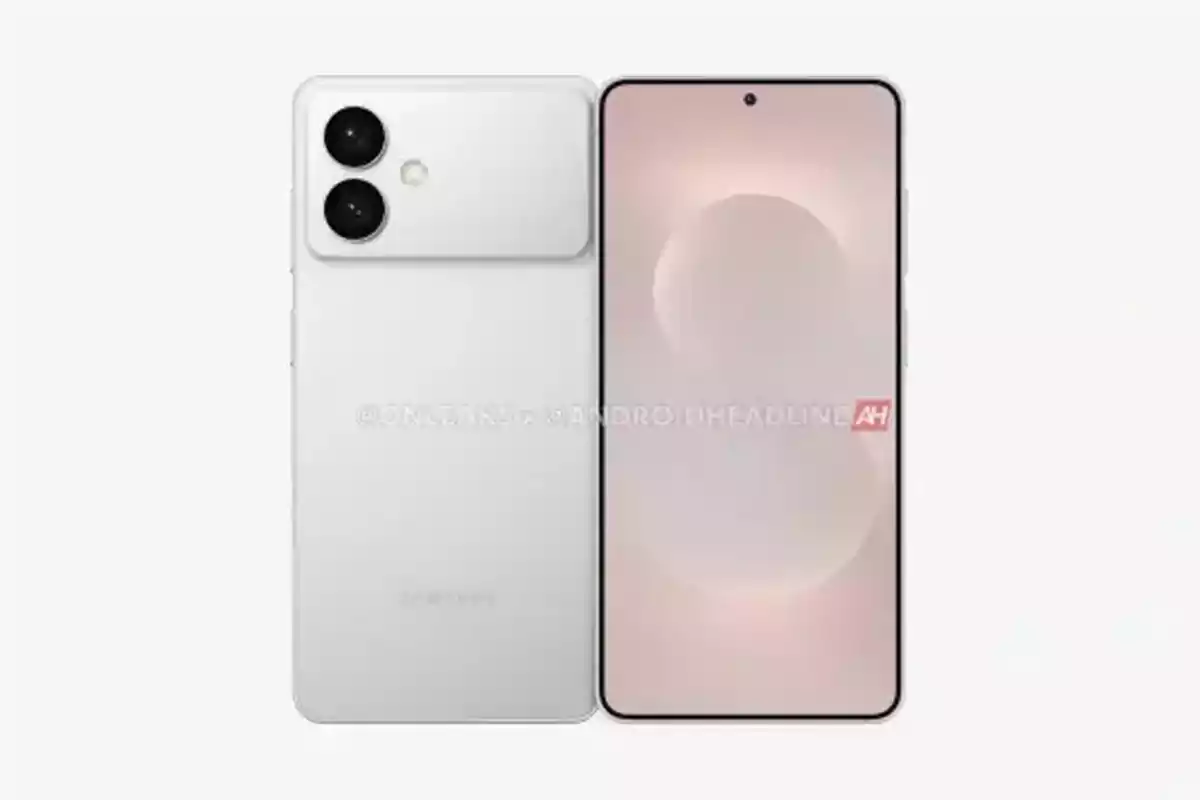 White smartphone seen from the front and back with two rear cameras and the screen on displaying a light background White smartphone seen from the front and back with two rear cameras and the screen on displaying a light background