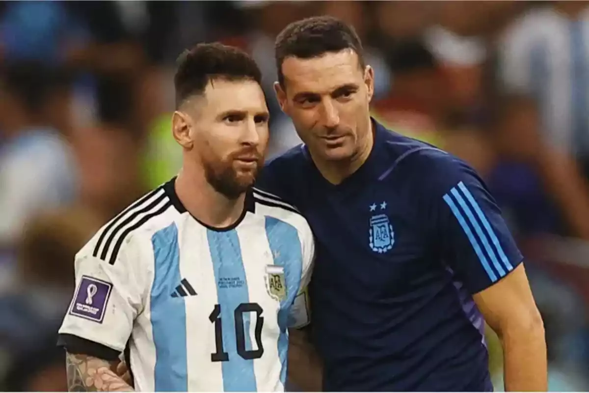 Two men wearing Argentina national soccer team uniforms are together in a stadium. Two men wearing Argentina national soccer team uniforms are together in a stadium.