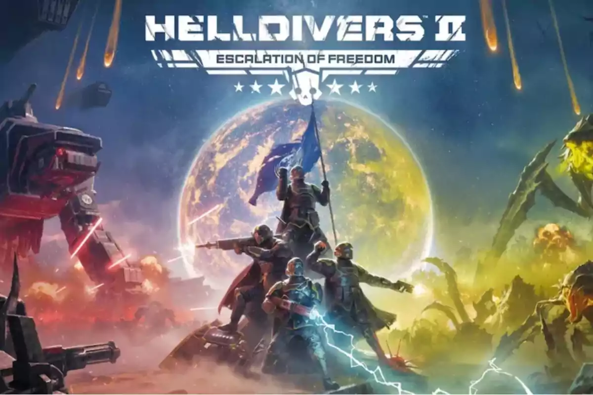 Cover of the video game Helldivers II where a group of armed soldiers holds a flag in front of a planet while fighting alien creatures and giant robots in a futuristic battle setting