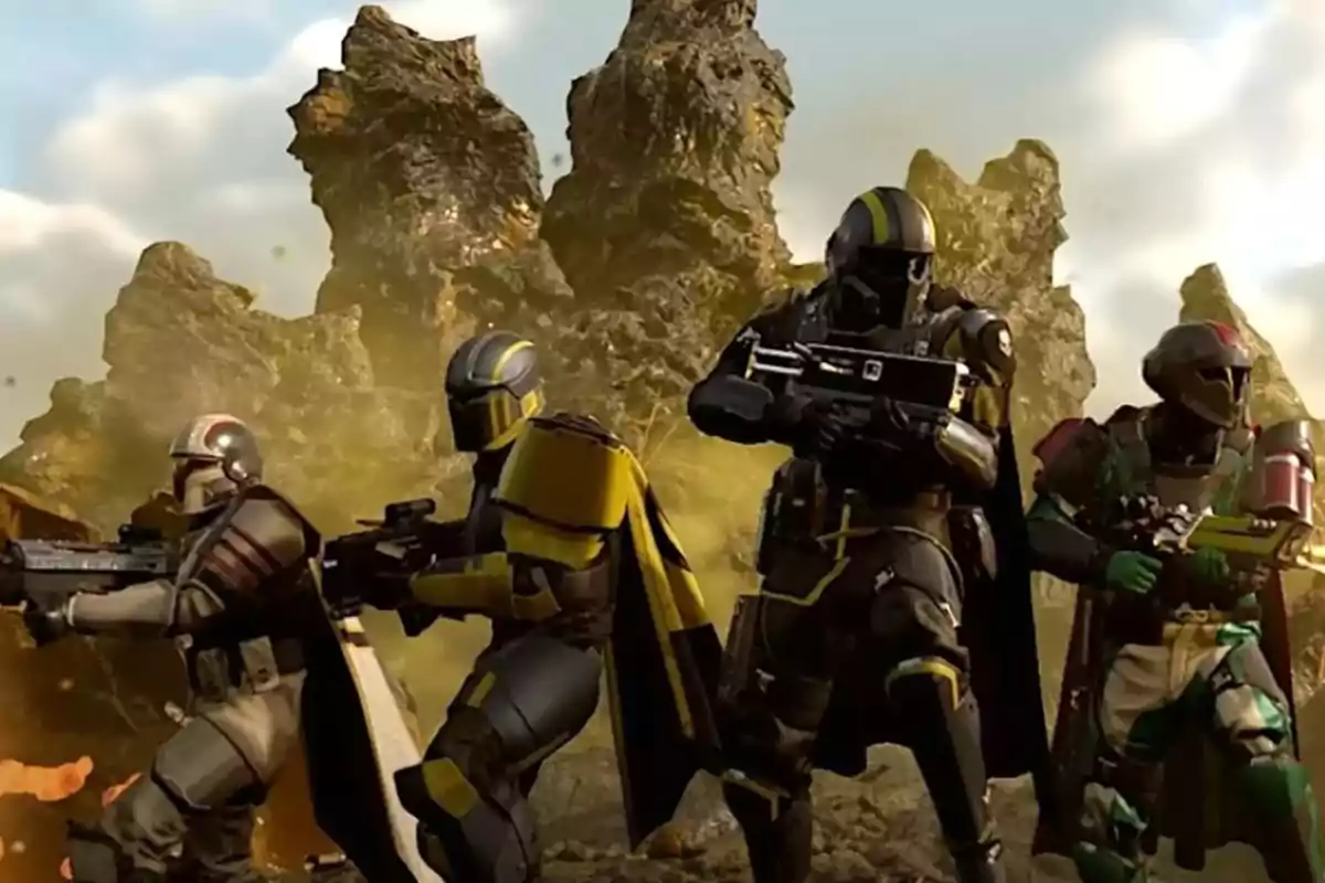 Four characters in futuristic armor and advanced weapons are ready for battle in a rocky, dusty landscape. Four characters in futuristic armor and advanced weapons are ready for battle in a rocky, dusty landscape.