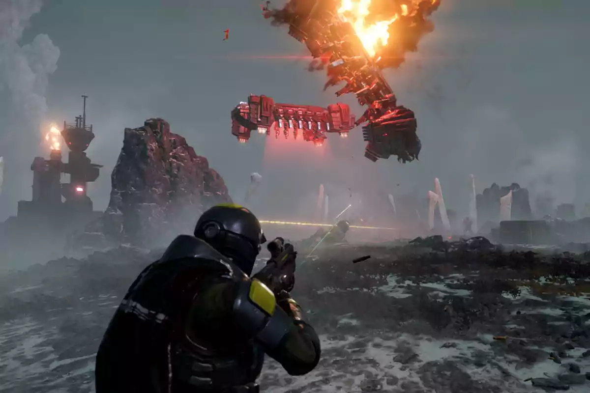 A soldier in armor aims his weapon as a spaceship explodes in the sky above a rocky, snowy landscape. A soldier in armor aims his weapon as a spaceship explodes in the sky above a rocky, snowy landscape.