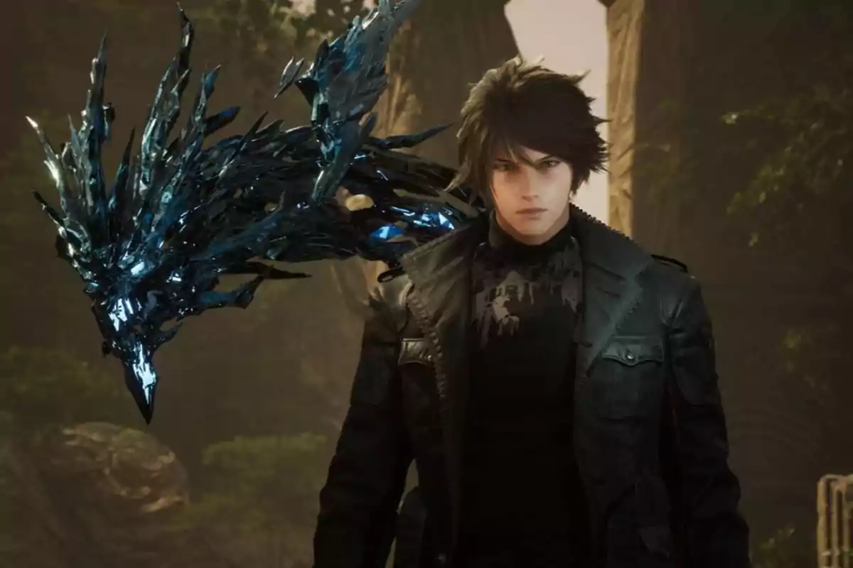 Young dark-haired person with a black jacket and a crystalline creature floating beside them in a natural setting