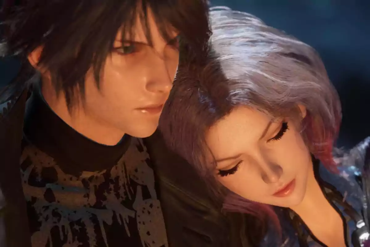 Video game character couple in an intimate and emotional moment, with the girl resting her head on the boy’s shoulder Video game character couple in an intimate and emotional moment, with the girl resting her head on the boy’s shoulder