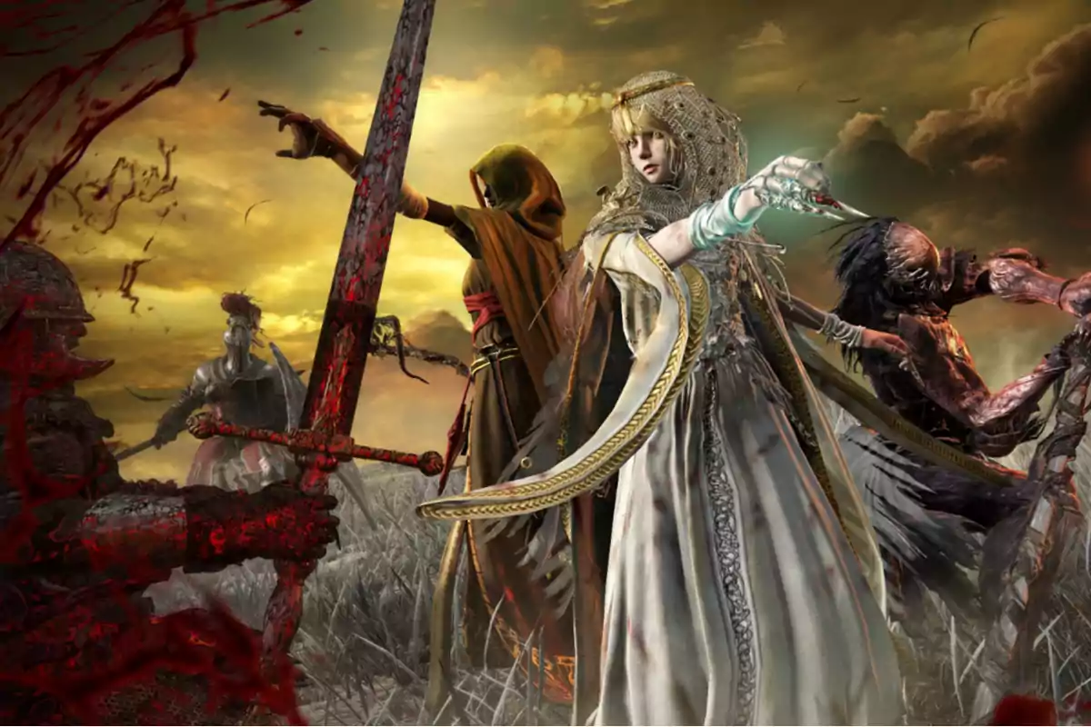 Varios personajes de fantasía en una batalla épica al atardecer, con espadas ensangrentadas y un ambiente oscuro y dramático Varios personajes de fantasía en una batalla épica al atardecer, con espadas ensangrentadas y un ambiente oscuro y dramático
