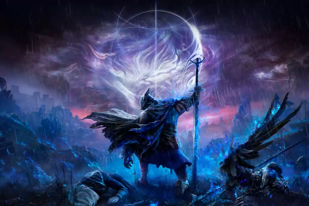 Guerrero con armadura oscura y capa azul sostiene un bastón brillante en medio de una batalla bajo la lluvia con figuras caídas a su alrededor y un cielo místico iluminado por energía mágica Guerrero con armadura oscura y capa azul sostiene un bastón brillante en medio de una batalla bajo la lluvia con figuras caídas a su alrededor y un cielo místico iluminado por energía mágica