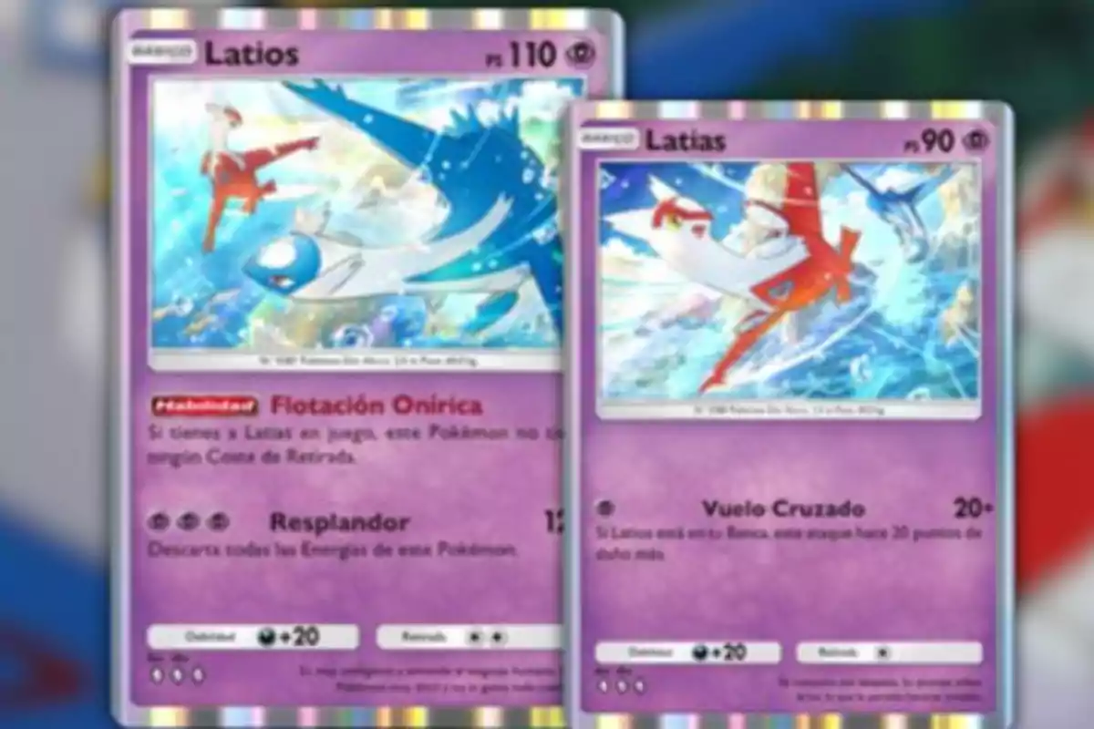 Dos cartas de Pokémon en español de los personajes Latios y Latias con fondo colorido y detalles brillantes Dos cartas de Pokémon en español de los personajes Latios y Latias con fondo colorido y detalles brillantes