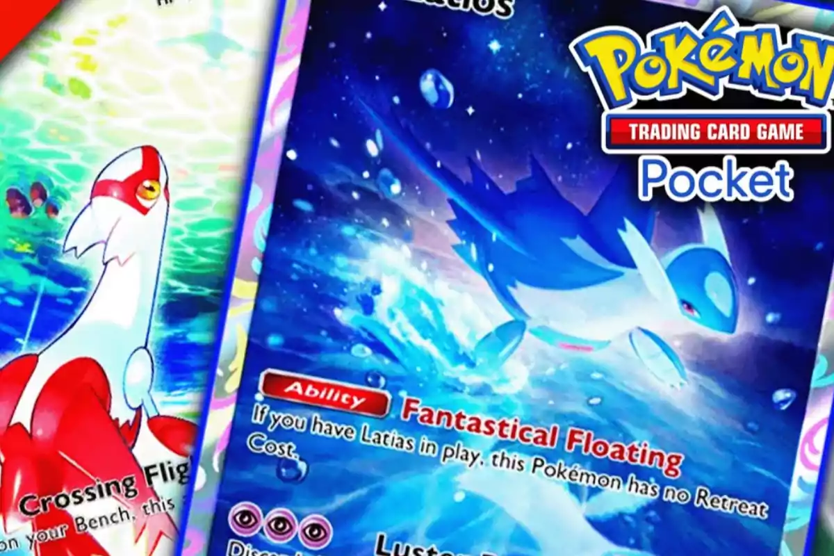 Cartas de Pokémon Latias y Latios con ilustraciones coloridas y el logo de Pokémon Trading Card Game Pocket en la esquina superior derecha