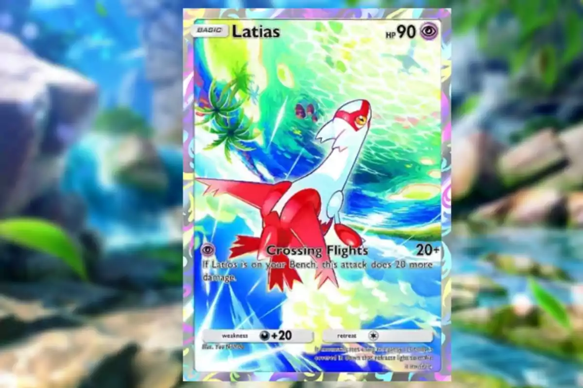 Carta de Pokémon Latias con un diseño colorido y fondo brillante, mostrando al Pokémon volando sobre un paisaje natural Carta de Pokémon Latias con un diseño colorido y fondo brillante, mostrando al Pokémon volando sobre un paisaje natural