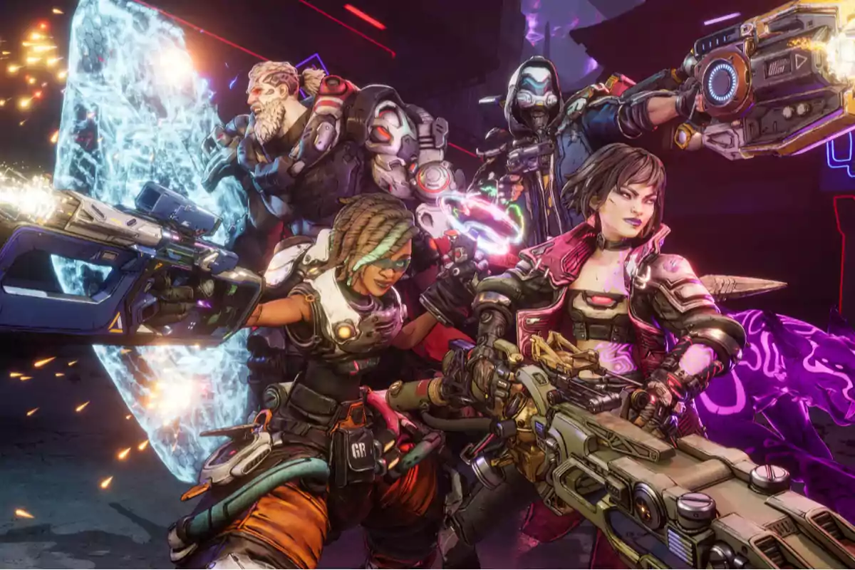Four characters armed with futuristic, colorful suits prepare for battle in a science fiction setting filled with lights and special effects. Four characters armed with futuristic, colorful suits prepare for battle in a science fiction setting filled with lights and special effects.