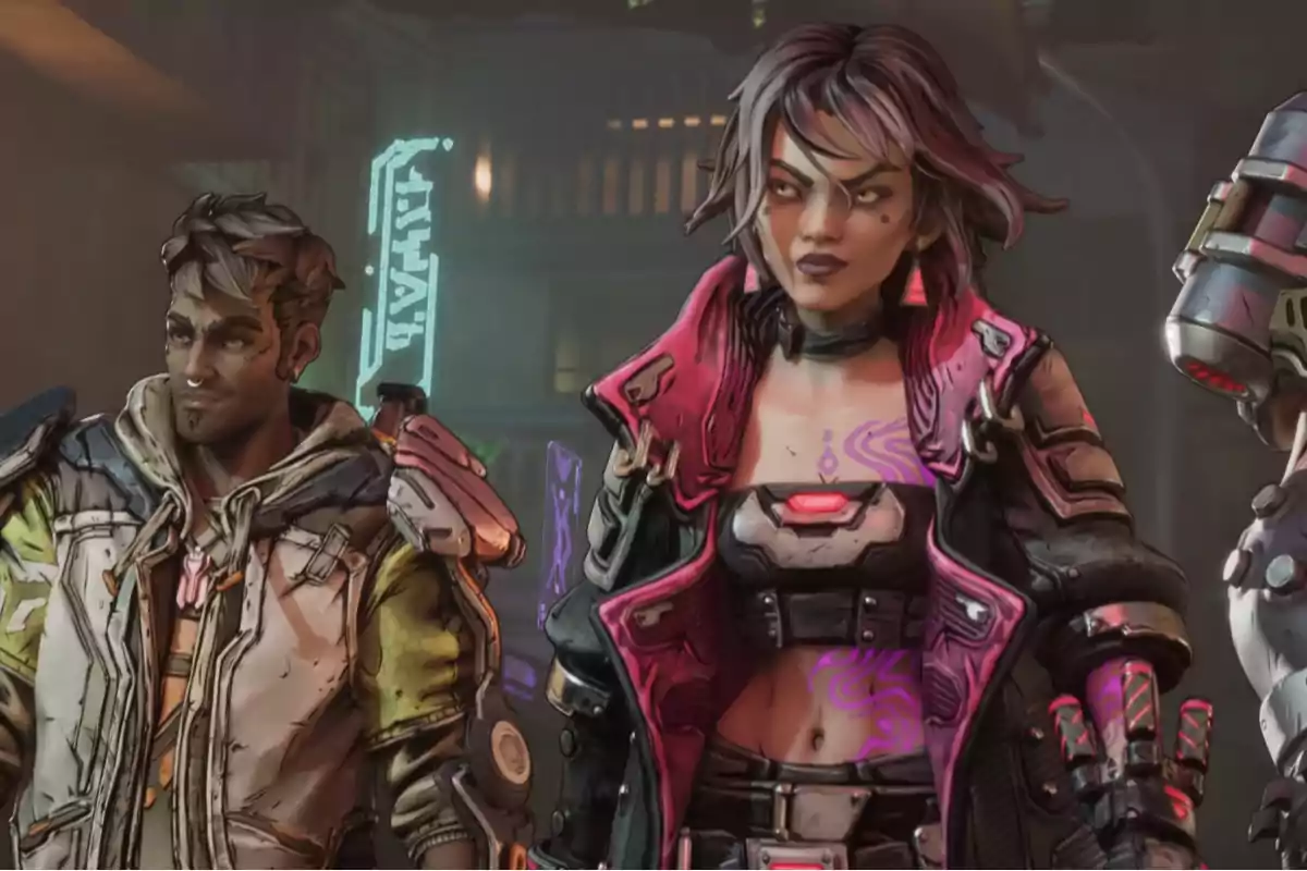 Two characters with futuristic style and cybernetic details are standing in an urban environment illuminated by neon lights. Two characters with futuristic style and cybernetic details are standing in an urban environment illuminated by neon lights.