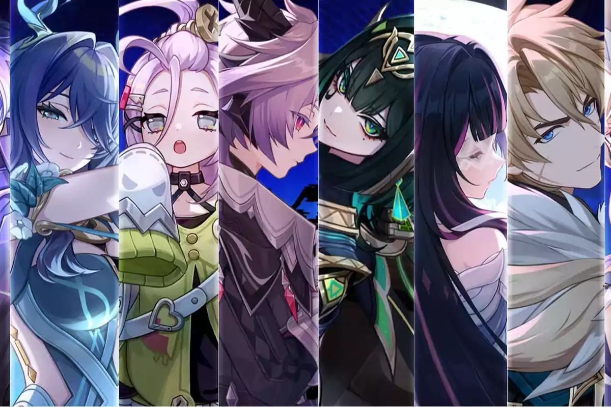 Several anime characters with different hairstyles and hair colors pose together in an image divided into vertical sections. Several anime characters with different hairstyles and hair colors pose together in an image divided into vertical sections.