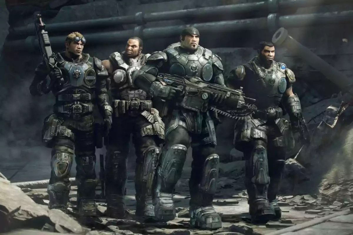Four soldiers in futuristic armor and advanced weapons walk together in a dark, destroyed environment. Four soldiers in futuristic armor and advanced weapons walk together in a dark, destroyed environment.