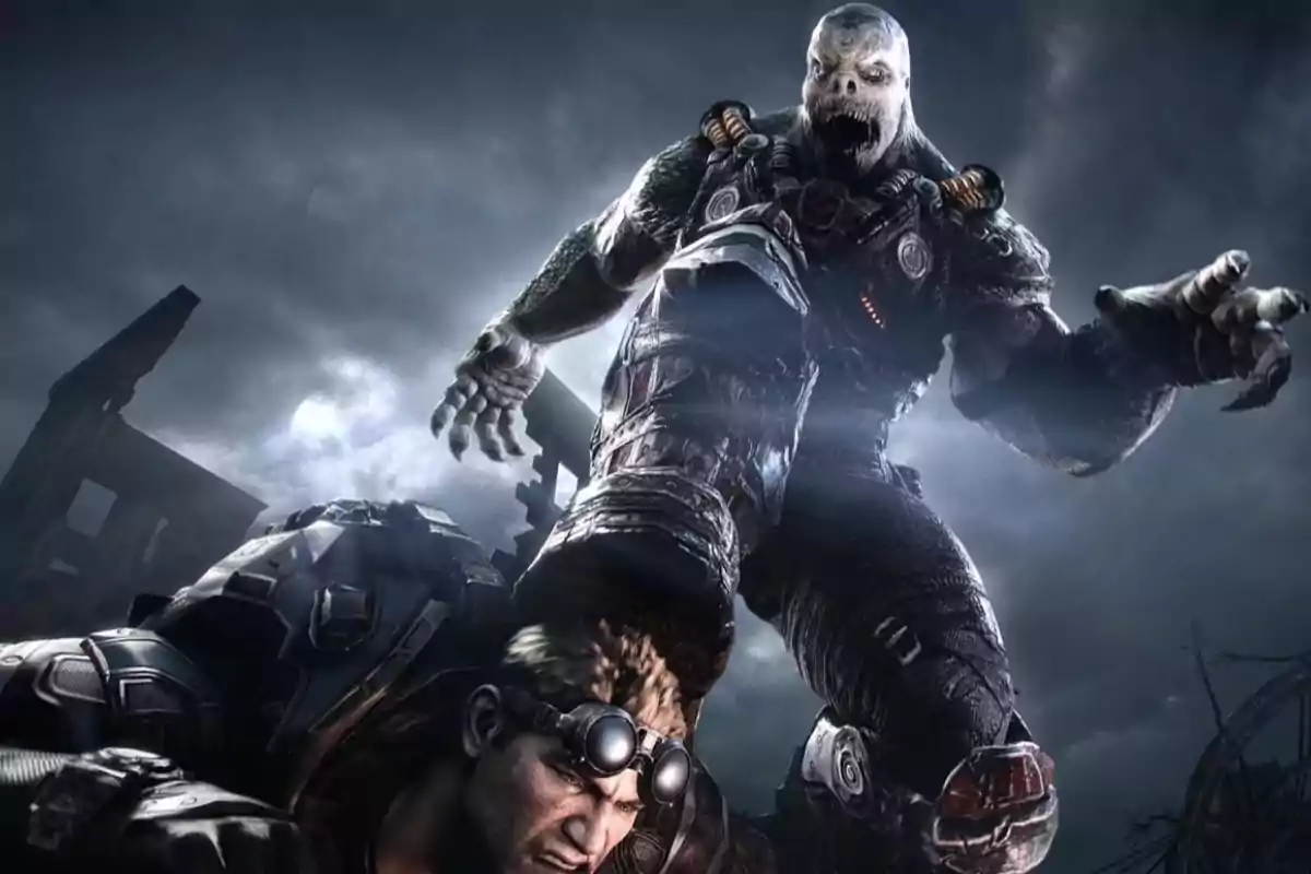 A giant monster threatens an armored soldier in a dark, apocalyptic setting. A giant monster threatens an armored soldier in a dark, apocalyptic setting.