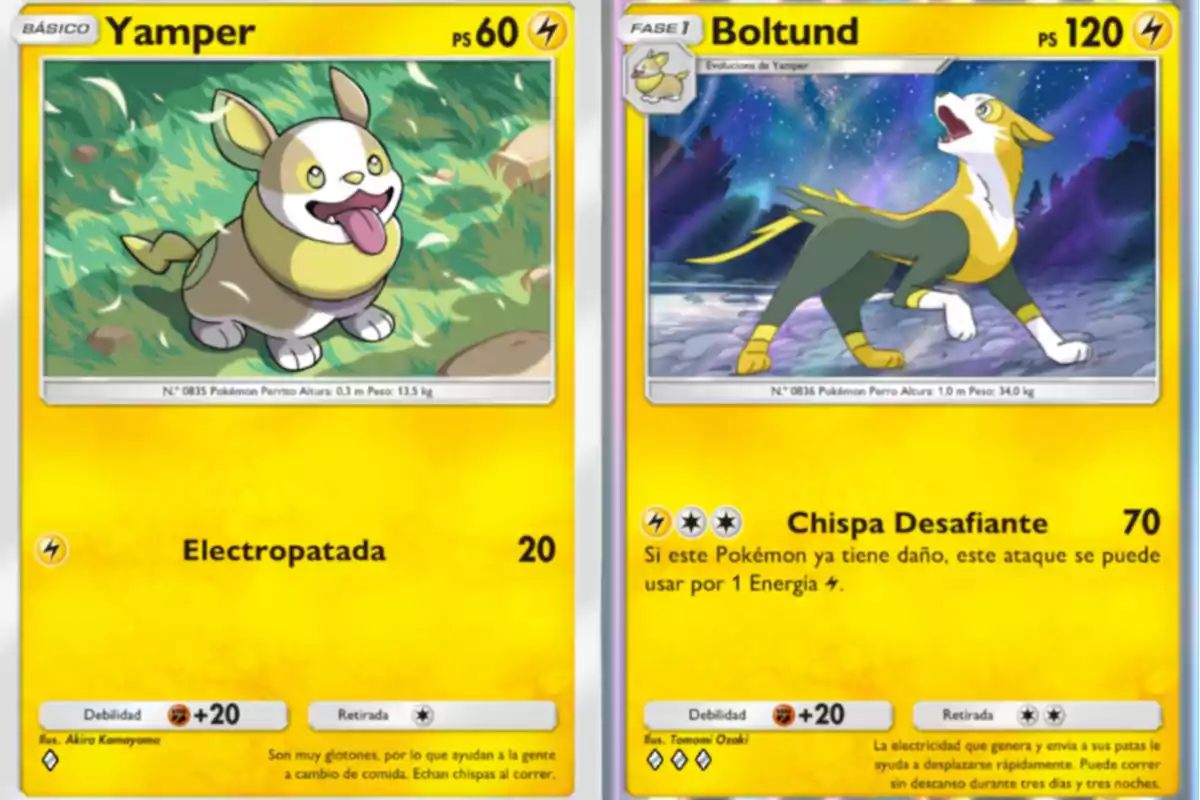 Two Pokémon cards with a yellow background, one of Yamper and the other of Boltund, both featuring illustrations of electric dogs and details of their attacks and characteristics. Two Pokémon cards with a yellow background, one of Yamper and the other of Boltund, both featuring illustrations of electric dogs and details of their attacks and characteristics.