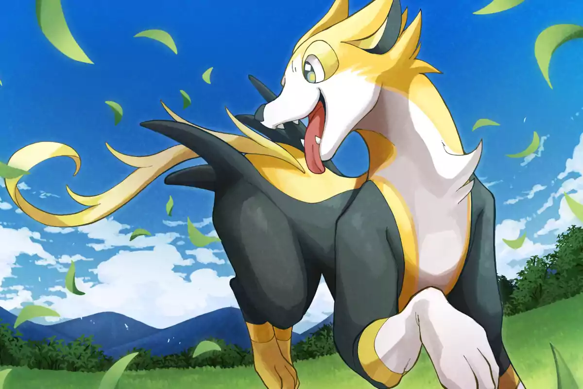 A yellow and white dog-type Pokémon runs happily in a green field under a blue sky with leaves flying around it. A yellow and white dog-type Pokémon runs happily in a green field under a blue sky with leaves flying around it.