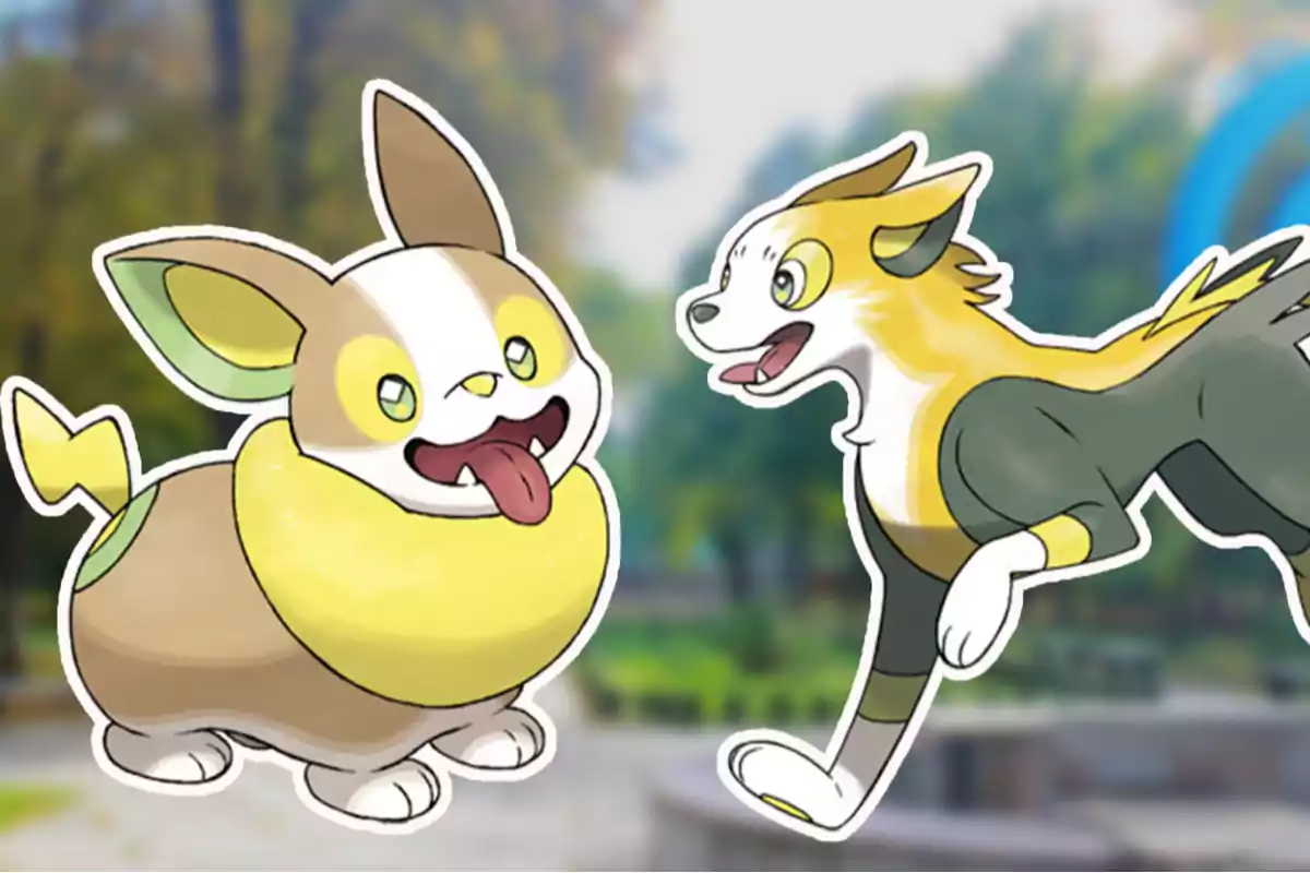 Two cartoon-style dogs with yellow, white, and brown colors appear against a blurred park background; one is small and chubby while the other is slimmer and in a running position.