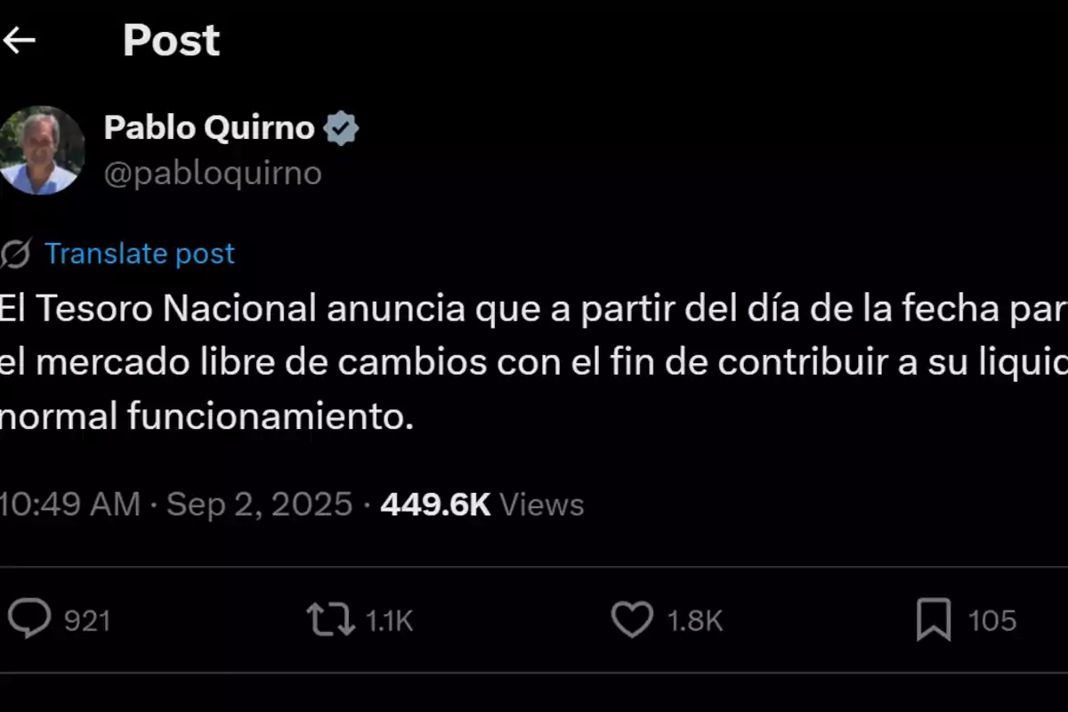 Publicación en una red social donde se informa que el Tesoro Nacional comenzará a participar en el mercado libre de cambios para contribuir a su liquidez y funcionamiento normal Publicación en una red social donde se informa que el Tesoro Nacional comenzará a participar en el mercado libre de cambios para contribuir a su liquidez y funcionamiento normal