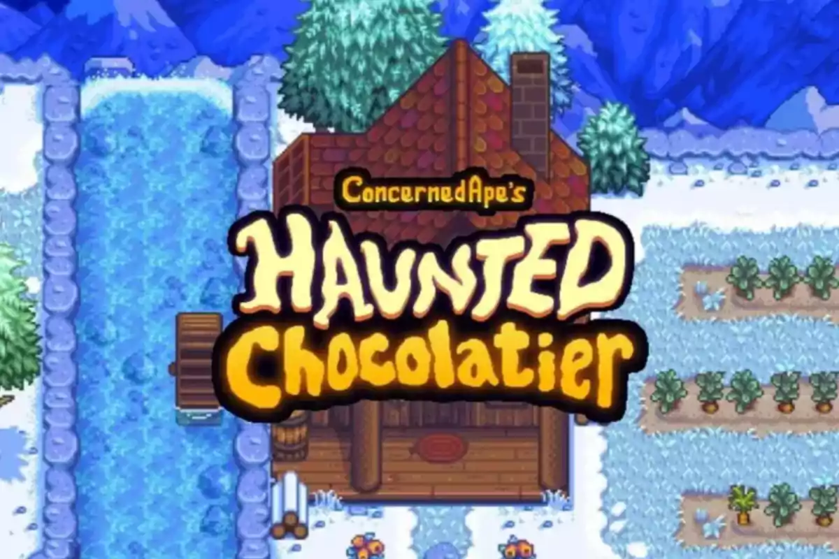Logo del videojuego Haunted Chocolatier sobre un fondo de paisaje nevado con una casa de madera y un río congelado