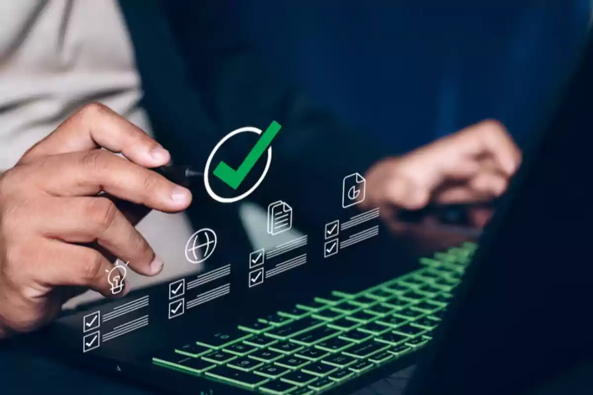 Person using a laptop with a green backlit keyboard while interacting with digital checklist icons and a large green check mark symbol Person using a laptop with a green backlit keyboard while interacting with digital checklist icons and a large green check mark symbol