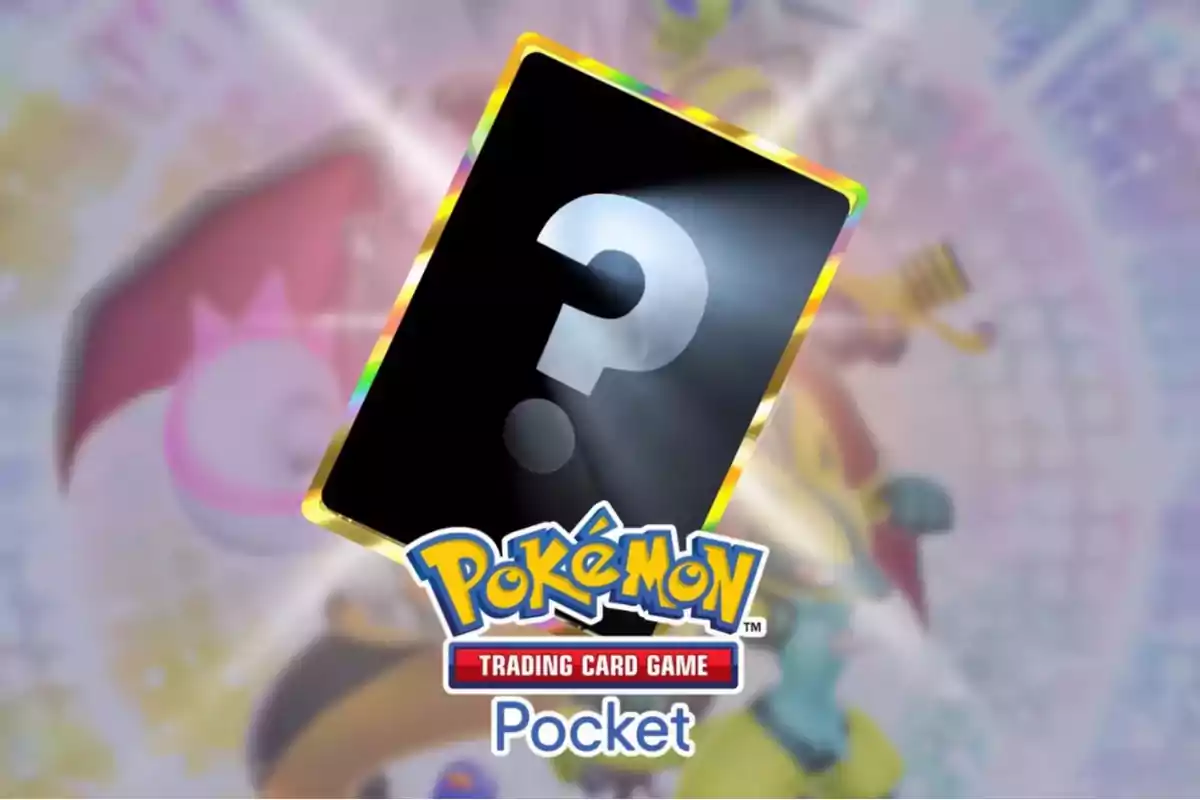 Mysterious letter with a golden border and a question mark in the center, accompanied by the Pokémon Trading Card Game Pocket logo on a blurred colorful background.