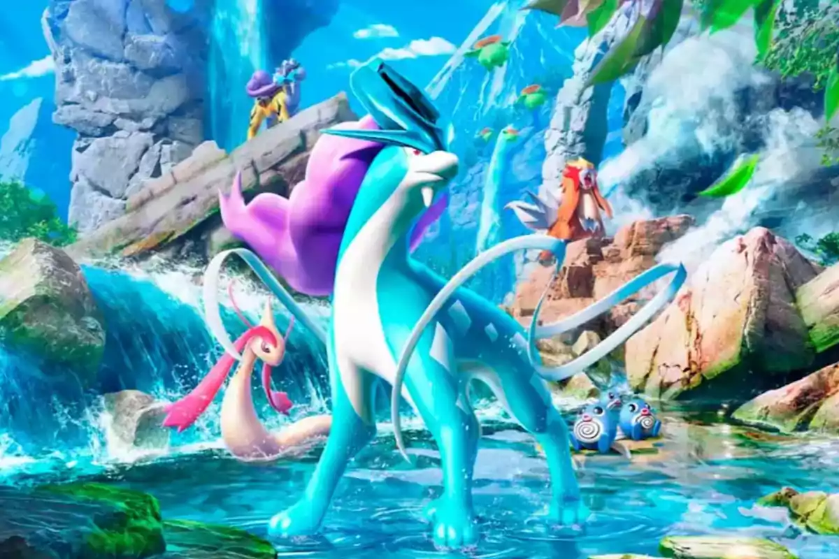 Several legendary and water-type Pokémon are found in a natural setting with waterfalls and rocks under a bright blue sky. Several legendary and water-type Pokémon are found in a natural setting with waterfalls and rocks under a bright blue sky.