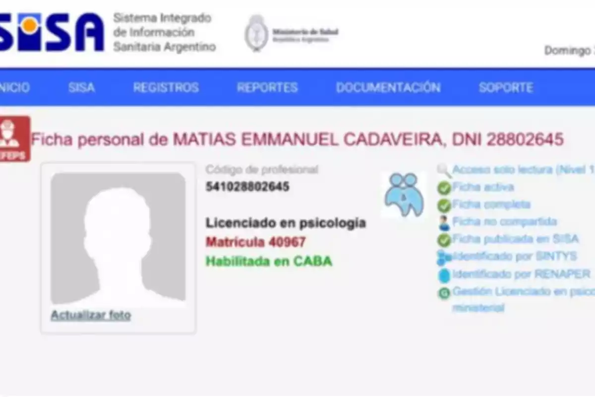 Screenshot of the Argentine Integrated Health Information System showing the personal record of a licensed psychologist with registration and authorization details in Buenos Aires City. Screenshot of the Argentine Integrated Health Information System showing the personal record of a licensed psychologist with registration and authorization details in Buenos Aires City.