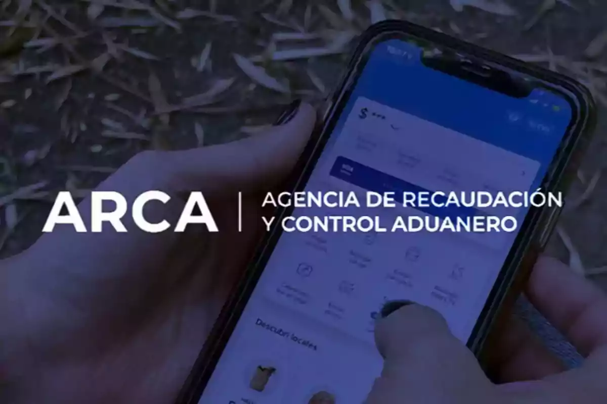 Person using a mobile phone with the screen on and the text ARCA Revenue Collection and Customs Control Agency overlaid Person using a mobile phone with the screen on and the text ARCA Revenue Collection and Customs Control Agency overlaid