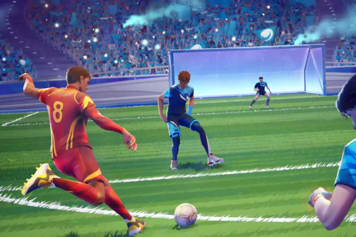 Player in a red and yellow uniform about to kick a ball toward the goal while being defended by players in blue uniforms in a stadium full of spectators Player in a red and yellow uniform about to kick a ball toward the goal while being defended by players in blue uniforms in a stadium full of spectators