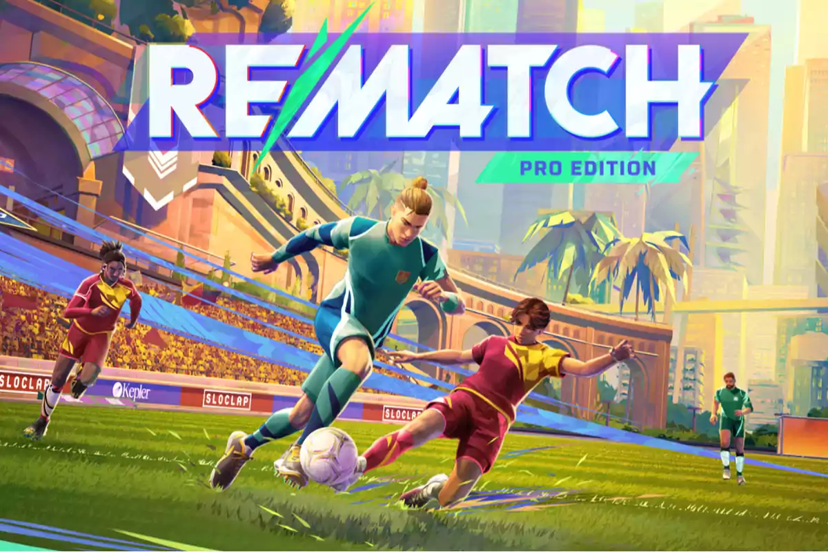 Portada colorida de un videojuego de fútbol llamado Rematch Pro Edition donde dos jugadores compiten por el balón en un estadio futurista con público y palmeras de fondo