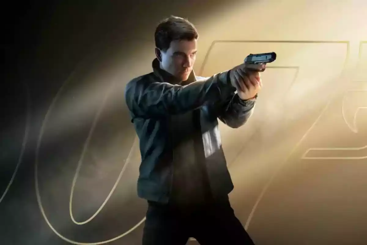 Hombre con chaqueta oscura apuntando una pistola en un ambiente iluminado con fondo dorado y el número 007 difuminado Hombre con chaqueta oscura apuntando una pistola en un ambiente iluminado con fondo dorado y el número 007 difuminado