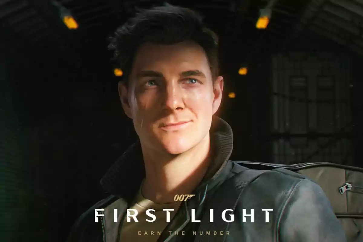 Hombre joven de cabello oscuro con chaqueta negra y expresión confiada en un entorno oscuro con luces amarillas, acompañado del texto First Light y el logo de 007.
