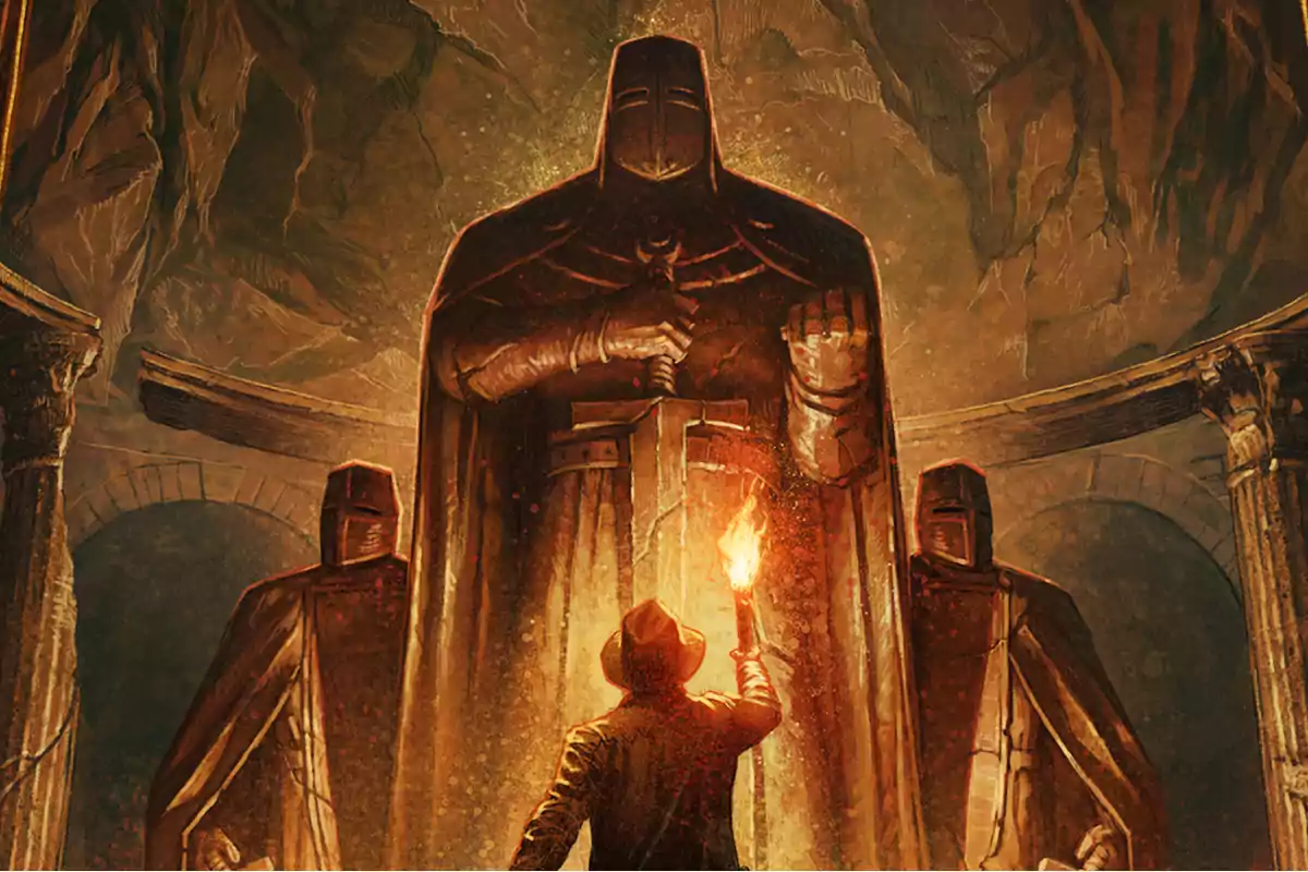 An explorer with a hat and a torch observes three enormous statues of knights in an ancient cave surrounded by columns and stone walls. An explorer with a hat and a torch observes three enormous statues of knights in an ancient cave surrounded by columns and stone walls.