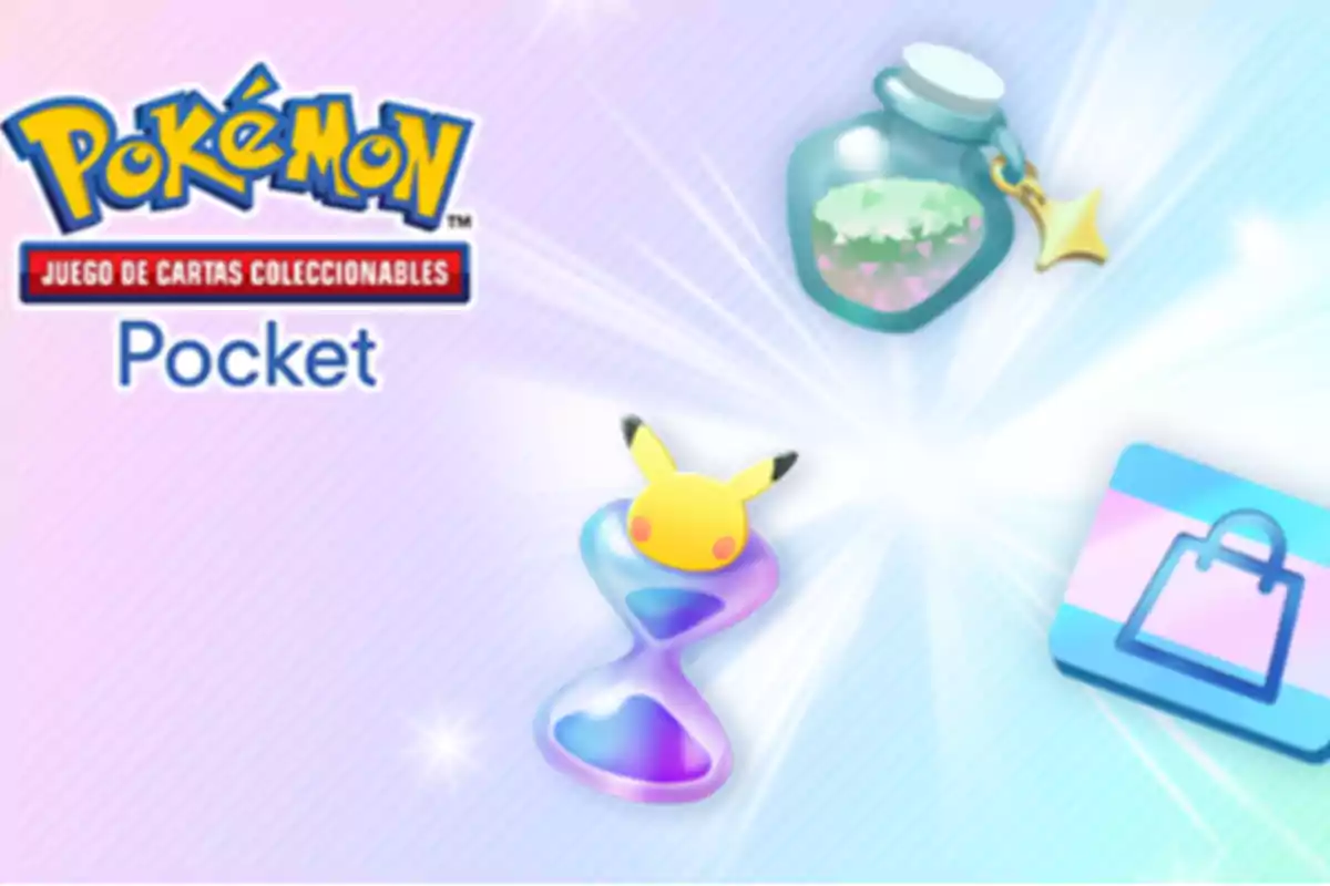 Logo de Pokémon Juego de Cartas Coleccionables Pocket junto a un frasco con gemas, un reloj de arena con orejas de Pikachu y una tarjeta azul con un icono de bolsa de compras sobre un fondo brillante