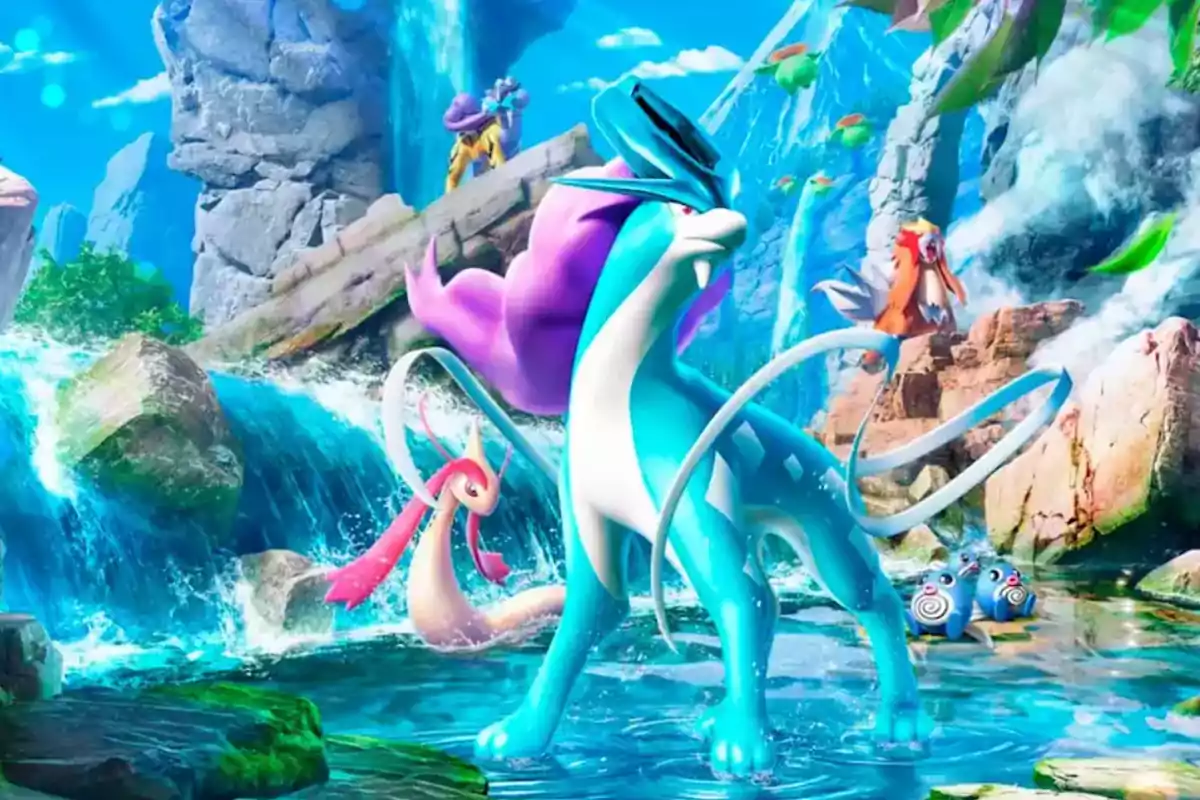 Varios Pokémon posan en un entorno natural con cascadas y rocas bajo un cielo azul Varios Pokémon posan en un entorno natural con cascadas y rocas bajo un cielo azul
